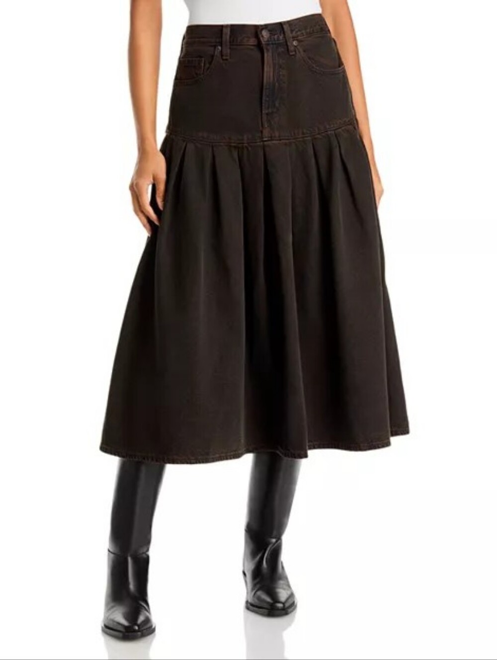 Levi's Yoked Pleated Denim Midi Skirt Over A Cup Skirt /brown Bnwt